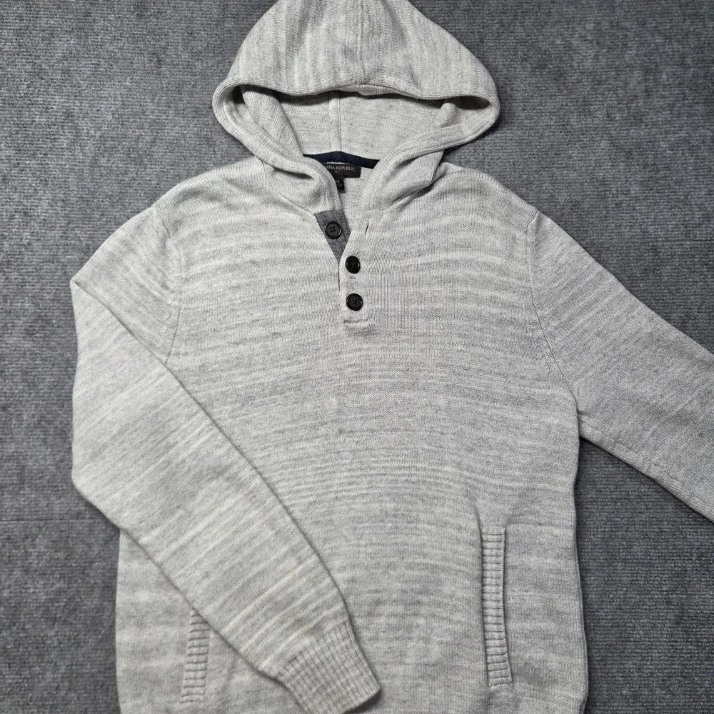 Banana Republic Mens Gray Cotton Knit Henley Hoodie Sweater Size M Pocketed
